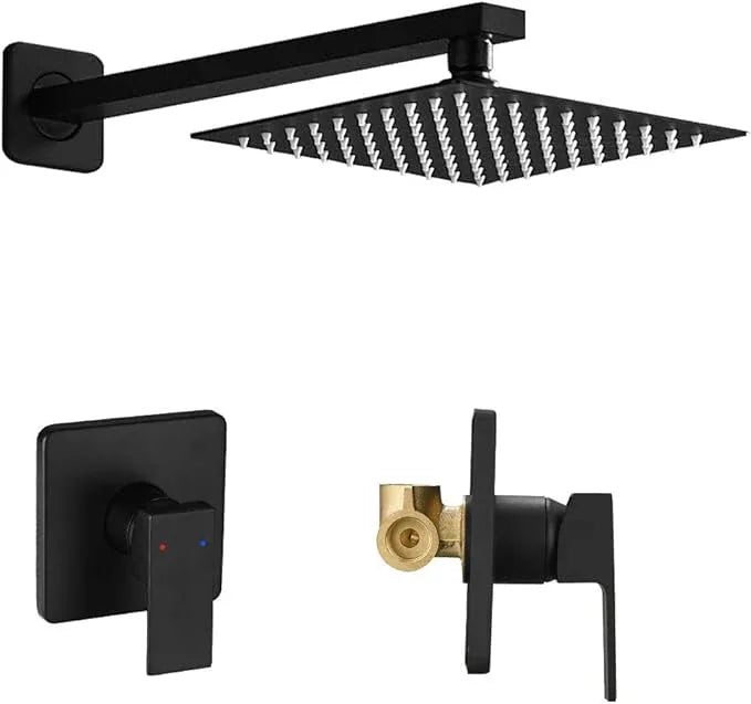 Heable Matte Black Shower Faucet Set, Single Function Shower Trim Kit with Rough-in Valve, Square Rain Shower Head System Included Extra Long Shower Arm for Bathroom - ModernBath
