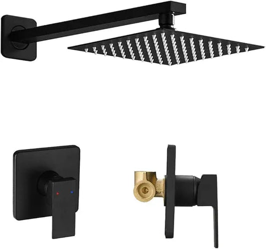 Heable Matte Black Shower Faucet Set, Single Function Shower Trim Kit with Rough-in Valve, Square Rain Shower Head System Included Extra Long Shower Arm for Bathroom - ModernBath