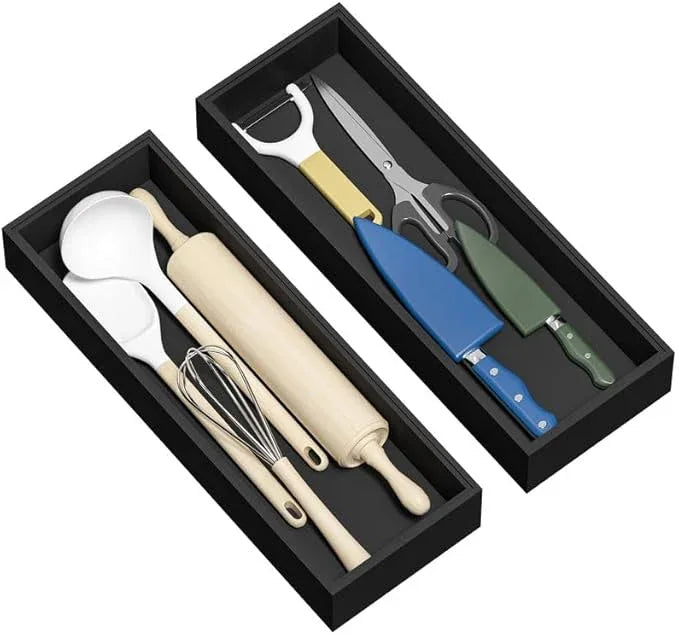 Kitchen Drawer Organizer Tray, Stackable Black Bamboo Drawer Organizer for Large Silverware, Utensils, Cutlery, Flatware, Junk, Dresser, Bathroom, 17" x 6" x 2.5" (Set of 2) - ModernBath