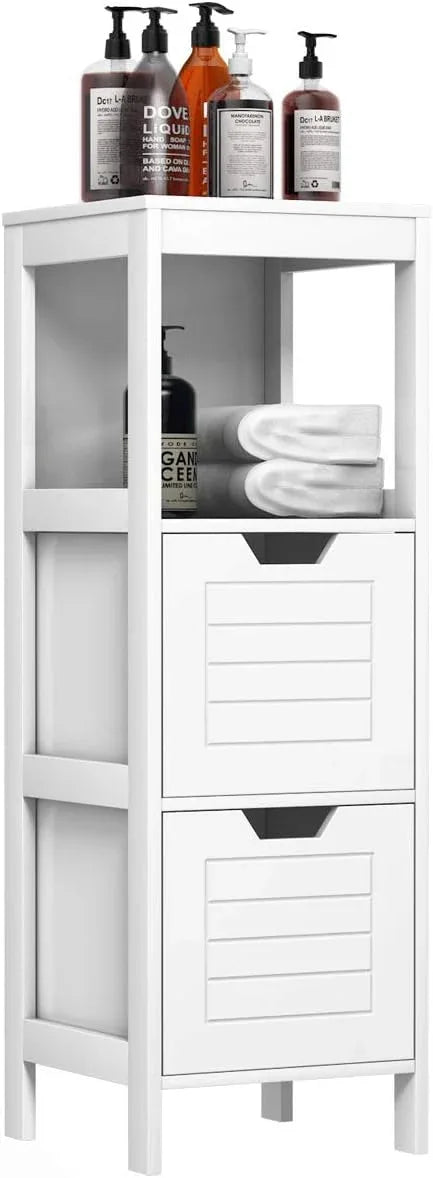 Tangkula Bathroom Floor Cabinet, Narrow Wooden Storage Cabinet w/2 Switchable Drawers, Freestanding Small Cabinet for Small Spaces, 12 x 12 35 Inch (White) - ModernBath