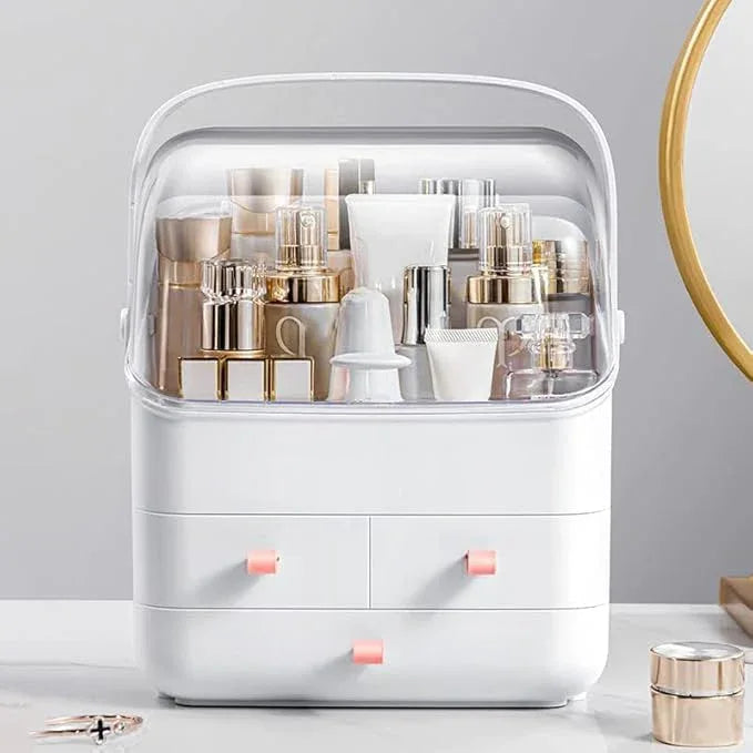 LINFIDITE Cosmetic Storage Box with Lid Makeup Organizer Box with Dust Free Cover Portable Handle,Large Makeup Display Case with Drawers Fully Open Lid,Great for Dresser Bathroom Countertop - ModernBath