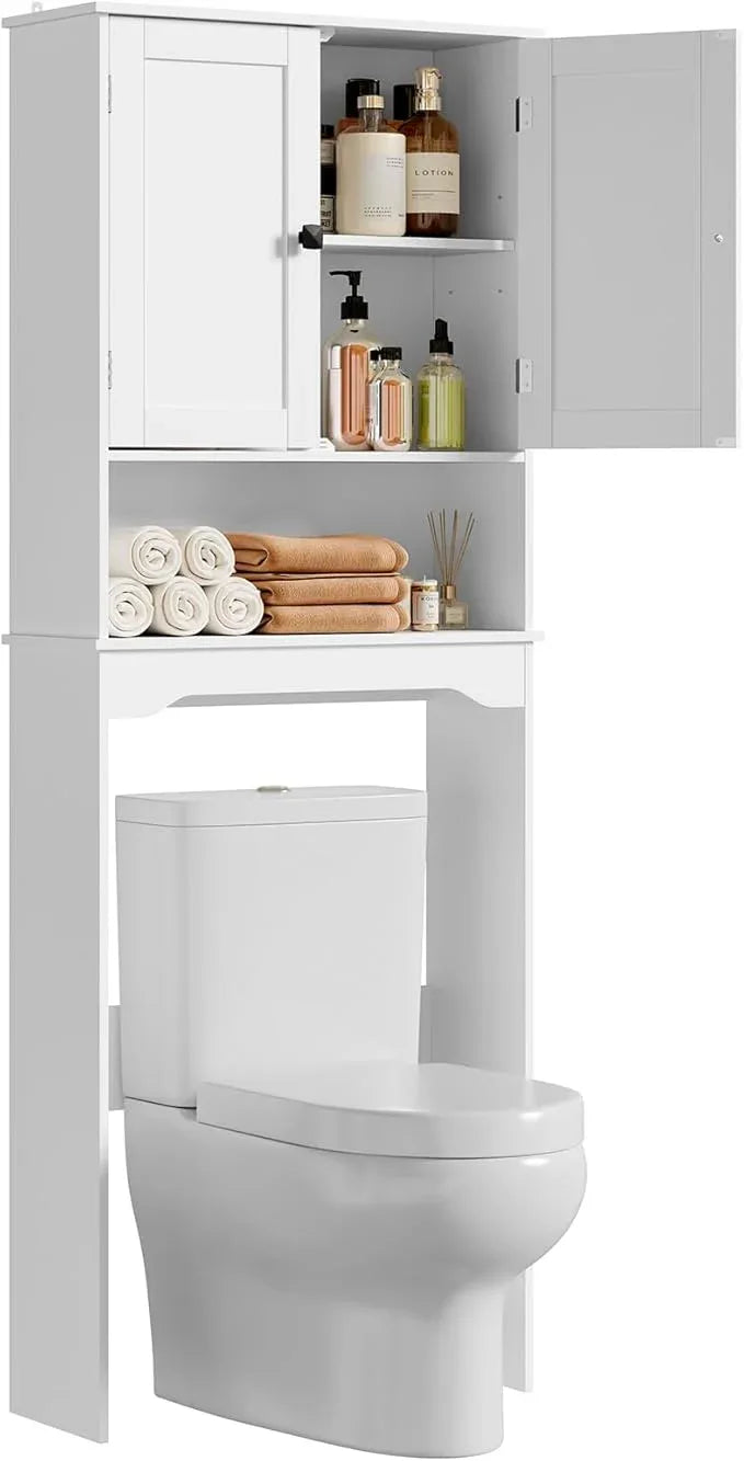 RRX Over The Toilet Storage Cabinet,Bathroom Above Toilet Cabinets Organizer, 24.8" L x 9.1 "W x 65.7 "H Free Standing Toilet Rack with Adjustable Shelf and Open Storage,Double Doors(Pure White) - ModernBath