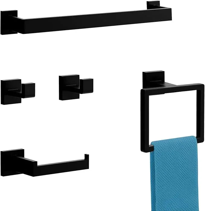 5-Pieces Matte Black Bathroom Accessories Set, 16 Inch Bath Towel Bar Set, SUS 304 Stainless Steel Bathroom Hardware Set, Towel Racks for Bathroom Wall Mounted - ModernBath