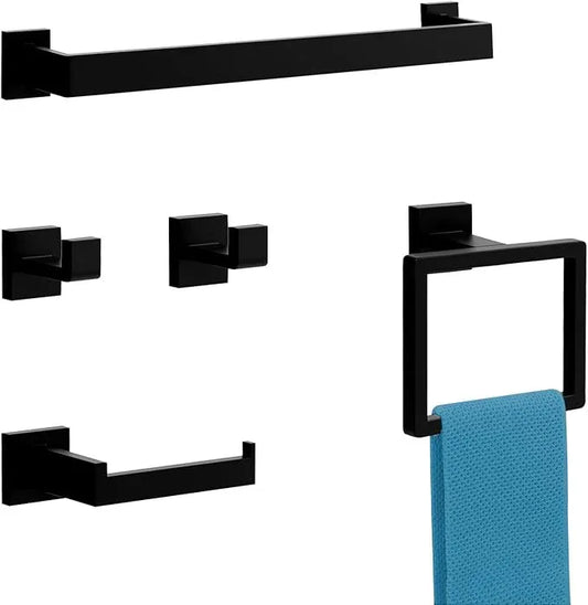 5-Pieces Matte Black Bathroom Accessories Set, 16 Inch Bath Towel Bar Set, SUS 304 Stainless Steel Bathroom Hardware Set, Towel Racks for Bathroom Wall Mounted - ModernBath