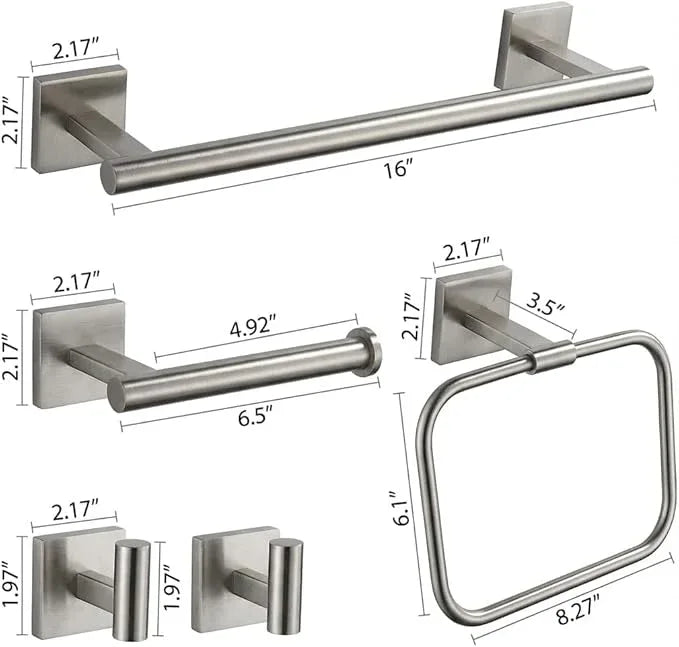 16" Brushed Nickel Bathroom Hardware Set 5-Piece, Fingerprint-Free SUS304 Stainless Steel Towel Bar for Small Bath & RV, Modern Square Bath Accessories Kit (Brushed Nickel) - ModernBath