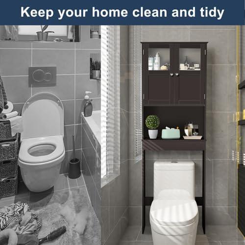 VINGLI Over The Toilet Storage Cabinet White Bathroom Storage Organizer Above The Toilet Shelf with Acrylic Glass Double Doors Wood Muebles para BañO Rack with Adjustable Shelf Espresso - ModernBath