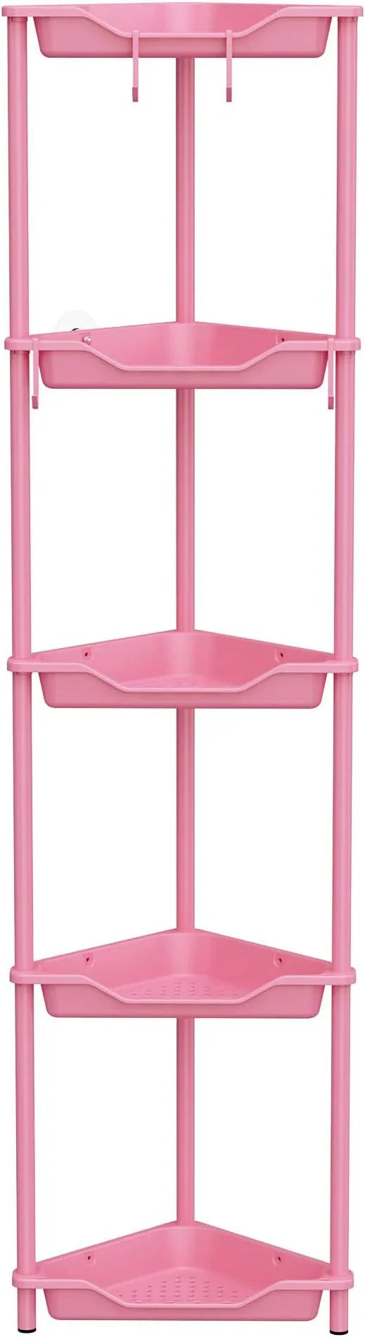 Orimade Rustproof 5 Tier Floor Standing Corner Shower Caddy Organizer, Plastic Metal Splicing Floor Corner Shelf Rack Stands for Bathroom, Pink - ModernBath