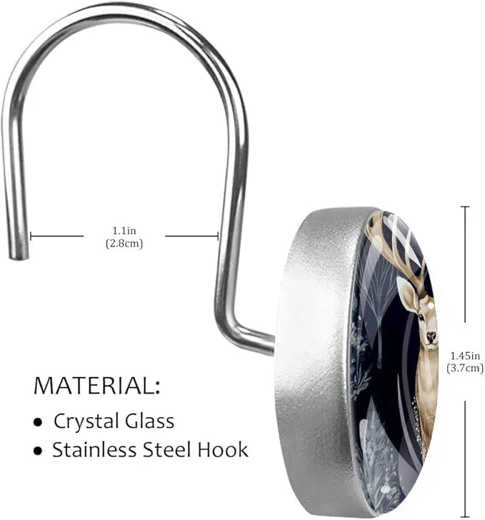 12 Packs Deer Shower Curtain Hooks, Crystal Glass Shower Curtain Rings for Bathroom, Rustproof Metal Decorative Curtain Rod Hooks, Stainless Steel - ModernBath