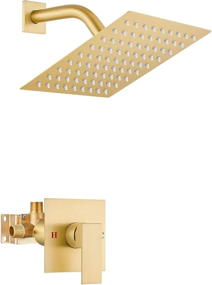 Airuida Shower Faucet Set Bathroom Rain Shower System SUS304 Stainless Steel Single Handle With Male Threads Rough-in Valve Shower Trim Kit 8 Inch Wall Mount Shower Head Brushed Gold - ModernBath