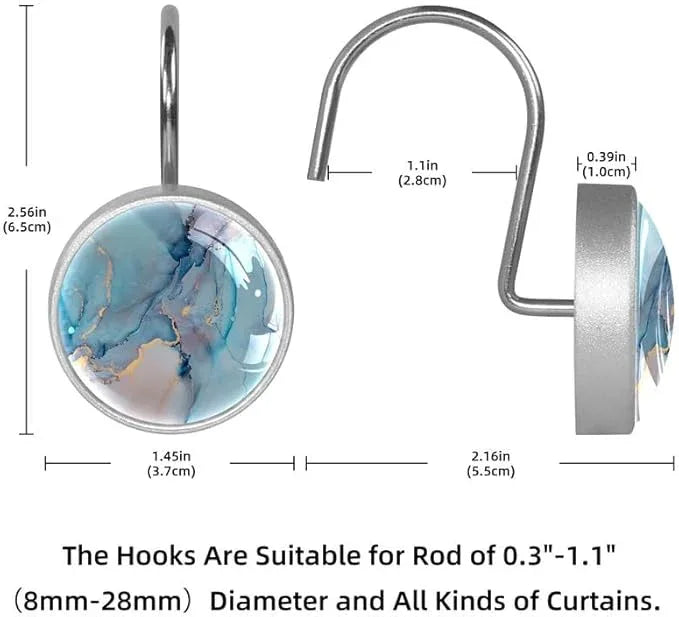 12 Pcs Decorative Shower Curtain Hooks, Rust Proof Glass Surface Stainless Steel Rings for Bathroom Bedroom Kitchen Home Bath Room Rods Decor (Blue Purple Gold Marble) - ModernBath