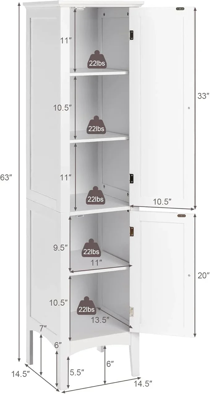 Giantex Storage Cabinet Bathroom High Cabinet with 5 Tier Storage Shelves, Freestanding Slim Cabinet, Tall Organizer for Kitchen, Living Room, Linen Tower Narrow Floor Cabinet (White) - ModernBath