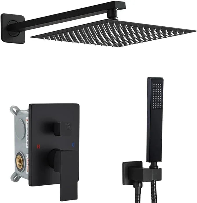 YCAIKOI Shower Faucet Set Complete, Wall Mount Shower System for Bathroom 12 Inch High-Pressure Rainfall Shower with Handheld, Rough-in Valve Body and Trim Kit, Matte Black - ModernBath