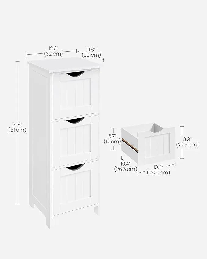 VASAGLE Floor Storage Cabinet, Freestanding Storage Unit with 3 Drawers, 11.8 x 12.6 x 31.9 Inches, for Bathroom, Living Room, Kitchen, Modern Style, Matte White UBBC50WT - ModernBath