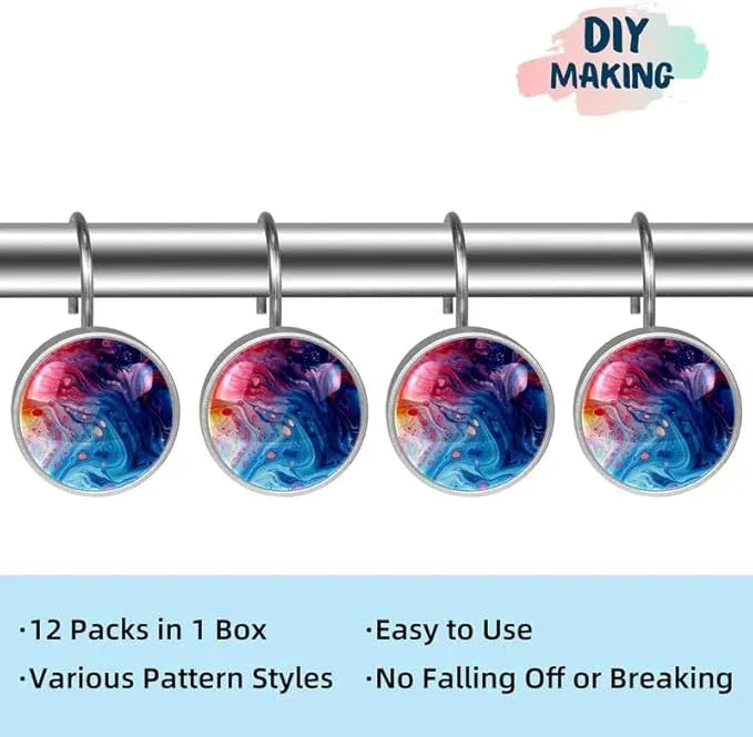 12 Pcs Decorative Shower Curtain Hooks, Rust Proof Glass Surface Stainless Steel Rings for Bathroom Bedroom Kitchen Home Bath Room Rods Decor (Colorful Liquid Texture) - ModernBath