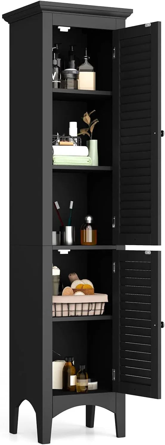 Tangkula 63" Tall Bathroom Storage Cabinet, Freestanding Narrow Linen Tower with Adjustable Shelf, Modern Slim Floor Cabinet with 2 Doors for Bathroom, Living Room, Kitchen (Black) - ModernBath