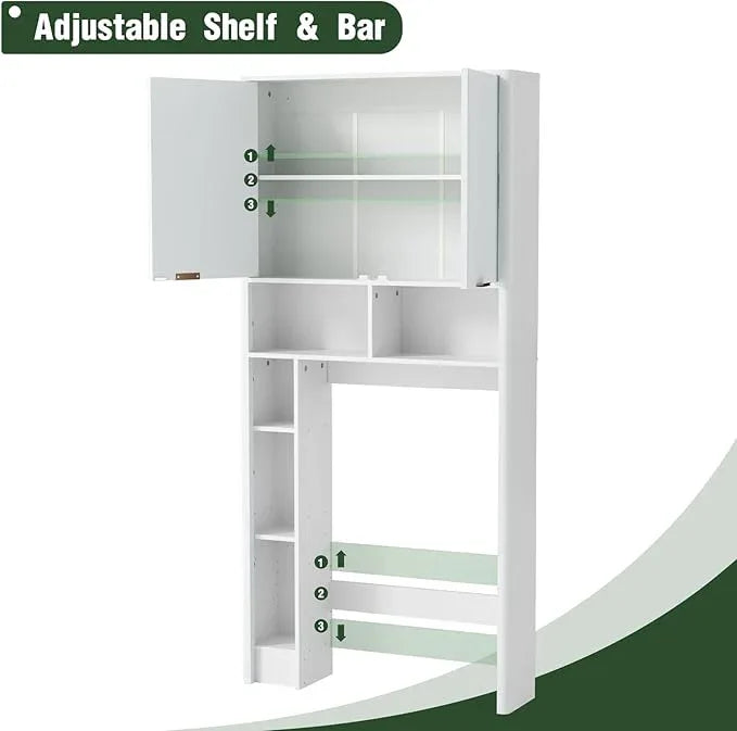 31" W Over The Toilet Storage Cabinet with Fluted Door, White Bathroom Organizer with Adjustable Shelf, 67''H Tall Toilet Paper Holder Stand Wave Door for Restroom, Laundry Room - ModernBath