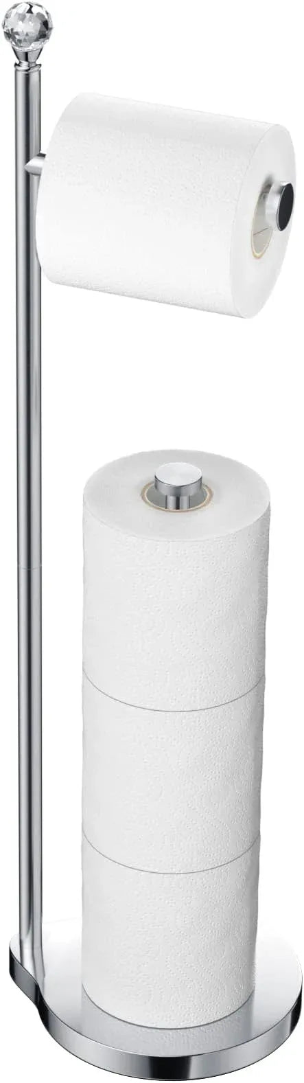 Toilet Paper Holder for Bathroom, Heavy Weighted Metal Free Standing Toilet Paper Storage with Crystal Ball, Toilet Paper Stand for Bathroom Accessories, Polished Chrome [Holds MEGA Rolls] - ModernBath