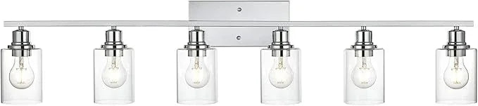 VINLUZ 6 Lights Bathroom Vanity Light in Chrome Finish with Clear Cylinder Glass Shade Industrial Wall Light Fixtures Over Mirror for Dressing Table Bedroom - ModernBath