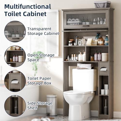 Over The Toilet Storage Cabinet with Transparent Door, Toilet Paper Storage Cabinet with Multi Layer Shelves Suitable for Bathroom, Laundry Room, Freestanding Bathroom Storage Rack,Grey - ModernBath