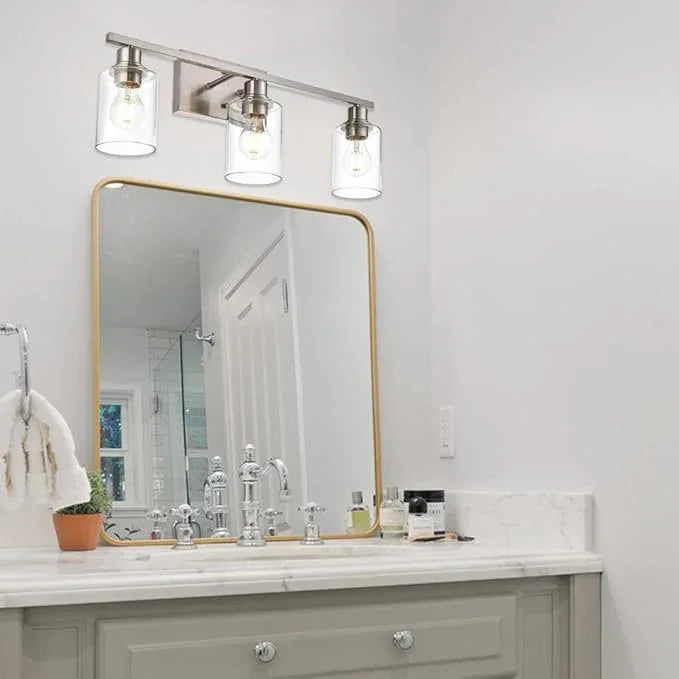 VINLUZ Metal Brushed Nickel 3 Lights Wall Light,Indoor Vanity Light Fixture with Clear Glass Shade Farmhouse Bathroom Lighting Fixtures Over Mirror for Porch Workshop - ModernBath