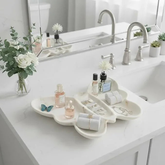 Marmor Real Natural Marble Bathroom Tray for Perfume, Candles, Jewelry Stone Vanity, Bathroom & Kitchen Counter Organizer and Home Decor (Calacatta Gold Marble Butterfly Grid Plate) - ModernBath
