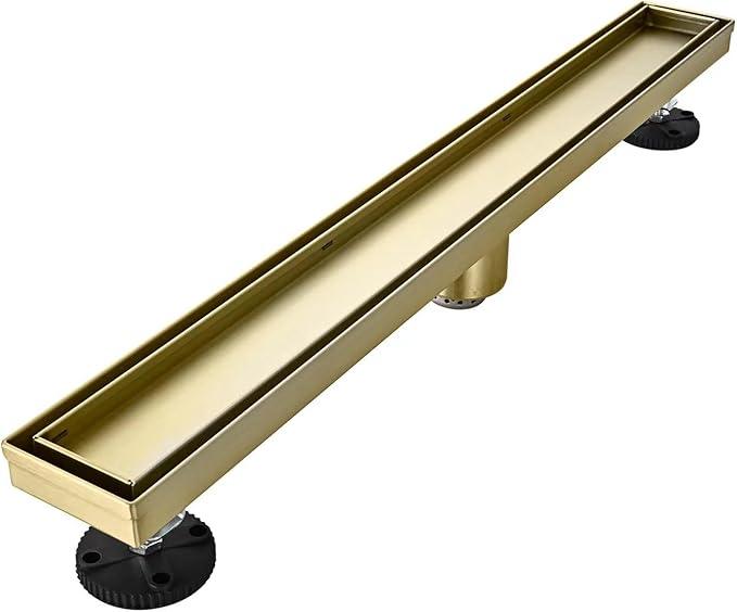 Linear Shower Floor Drain, Brushed Gold 30 Inch 304 Stainless Steel Bathroom Drains Kit, Rectangular Shower Trench Drain with Reversable Tile-in Pattern Drain Cover & Hair Catcher - ModernBath