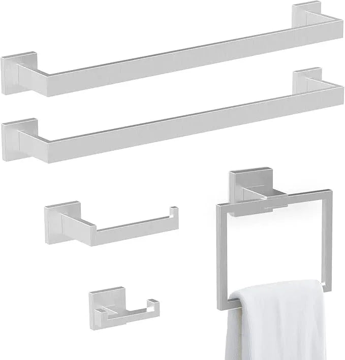 BOZWELL 5 Piece Brushed Nickel Stainless Steel Towel Bar Set, 23.6 inch Square Bathroom Hardware Accessories Set,Wall Mounted Towel Racks for Bathroom - ModernBath