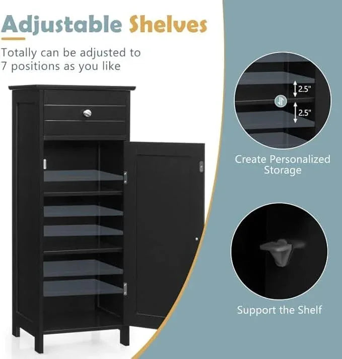 GOFLAME Bathroom Storage Cabinet, Freestanding Wooden Storage Cabinet with Large Drawer, 2 Adjustable Shelves with 7 Positions, Bathroom Floor Cabinet Organizer for Living Room, Black - ModernBath