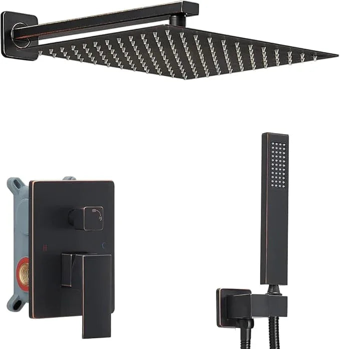 Heable Oil Rubbed Bronze Shower System 12 Inches Bathroom Luxury Rain Shower Head with Handheld Combo Set Wall Mounted High Pressure Rainfall Shower Head System Shower Faucet with Valve and Trim Kit - ModernBath