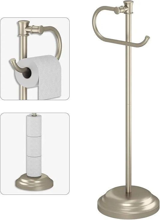 BESy Toilet Paper Holder Stand SUS 304 Free Standing Bathroom Tissue Holder with Storage Hardware Accessories Rack Hand Towel Bar Rustproof Lavatory Tissue Roll Holder Floor Modern Brushed Nickel - ModernBath