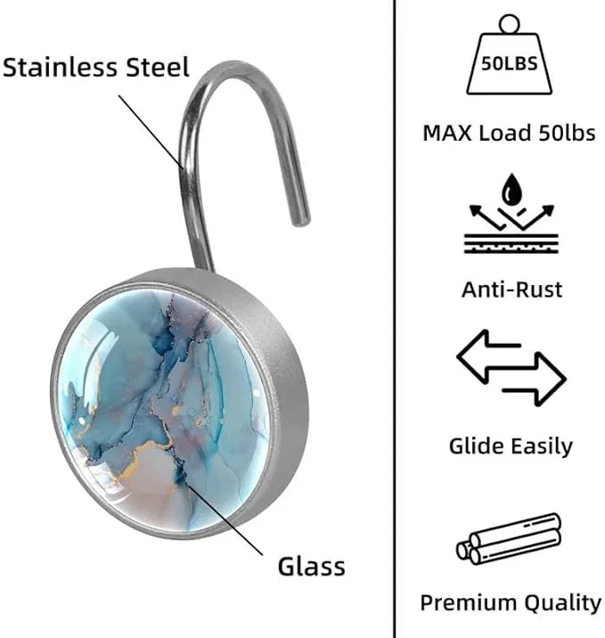 12 Pcs Decorative Shower Curtain Hooks, Rust Proof Glass Surface Stainless Steel Rings for Bathroom Bedroom Kitchen Home Bath Room Rods Decor (Blue Purple Gold Marble) - ModernBath