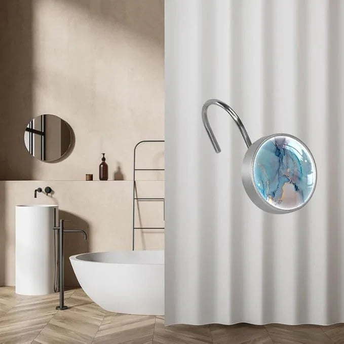 12 Pcs Decorative Shower Curtain Hooks, Rust Proof Glass Surface Stainless Steel Rings for Bathroom Bedroom Kitchen Home Bath Room Rods Decor (Blue Purple Gold Marble) - ModernBath