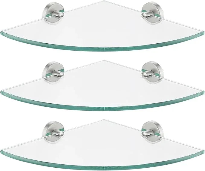 JQK Corner Glass Shelf, Brushed Steel Bathroom 304 Stainless Steel Shower Triangle Floating Wall Shelf, 10 x 10 Tempered Glass, 3 Pack, TGS190L10-BN-P3 - ModernBath