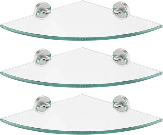 JQK Corner Glass Shelf, Brushed Steel Bathroom 304 Stainless Steel Shower Triangle Floating Wall Shelf, 10 x 10 Tempered Glass, 3 Pack, TGS190L10-BN-P3 - ModernBath