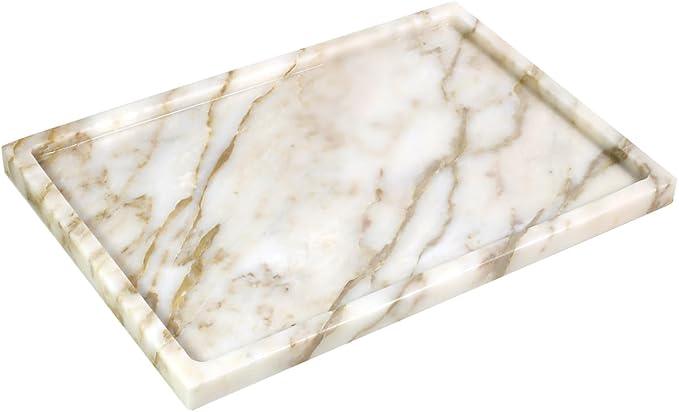 100% Natural Marble Serving Tray Luxury Marble Storage Tray for Home Decor Stone Tray for Bathroom/Kitchen/Vanity/Dresser,Plate Holder for Tissues, Candles, Towel - ModernBath