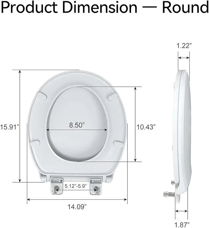 R&T Round Toilet Seat for Standard Toilet Bowl (16.5'') No-Slam Soft-Closing Quick-Release Hinge & Quick-Attach Hardware Never Loosen Plastic White - ModernBath