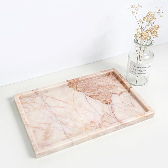 Real Luxurious Natural Marble Vanity Tray Genuine Marble Storage Tray for Home Decor Stone Tray for Bathroom/Kitchen/Vanity/Dresser Non-Resin/Non-Ceramic/Cream Rose - ModernBath