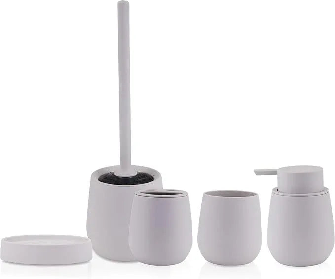 Liuonnam Bathroom Accessories Set 5-Piece Plastic Gift Set with Toilet Brush Holder, Toothbrush Holder, Toothbrush Cup, Soap Dispenser, Soap Dish(Brown) - ModernBath