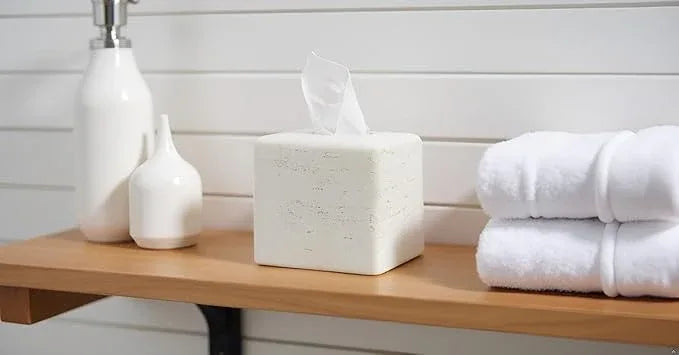 Huitony Travertine Tissue Box Cover Square Decorative Stone Klenex Box Holder for Bathroom & Living Room with Handcrafted Texture (Light White) - ModernBath