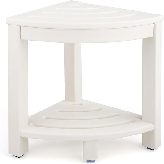 Apolimi HDPE Corner Shower Stool,Shower Bench Seat with Storage Shelf for Shaving Legs Plastic Spa Bath Step Foot Rest for Bathroom Small Place (White)