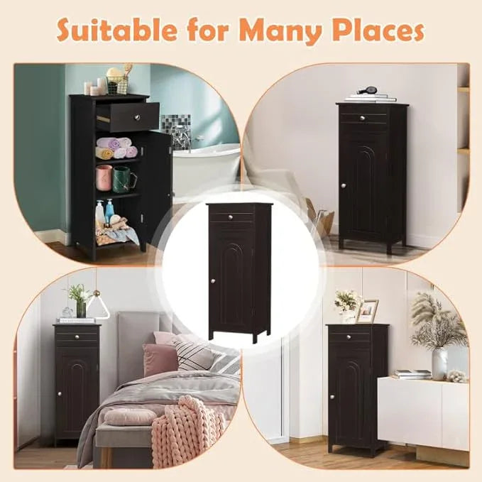 GOFLAME Bathroom Storage Cabinet, Freestanding Wooden Storage Cabinet with Large Drawer, 2 Float Shelves with 7 Positions, Bathroom Floor Cabinet Organizer for Living Room, Brown - ModernBath