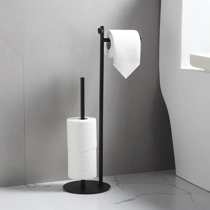 BGL Toilet Paper Holder Stand, SUS304 Stainless Steel Matte Black, Weighted Base, Holds 5 Jumbo Rolls, Space-Saving Modern Bathroom Storage with Built-in Hook - ModernBath