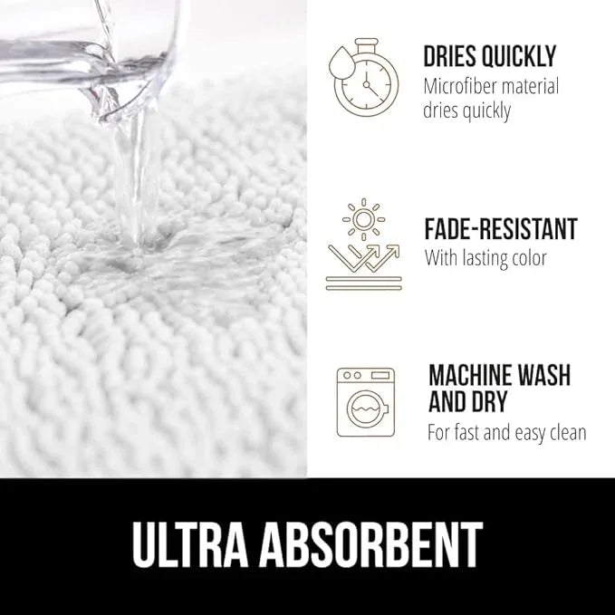 GORILLA GRIP Bathroom Rug Sets 3 Piece, Bath Mat Set and Oval Toilet Base with Rubber Backing, Plush Absorbent Shaggy Chenille Washable Mats, Includes 24x19.5, 24x17 and 30x20 Inch Rugs, White - ModernBath