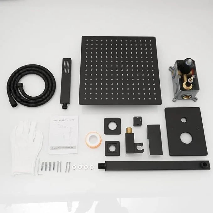 JingGang Matte Black Shower System 12 Inch Bathroom Luxury Rain Mixer Shower Combo Set Wall Mounted Rainfall Shower Head and Handheld System Shower Faucet Set Rough-in Valve Body and Trim Kit - ModernBath