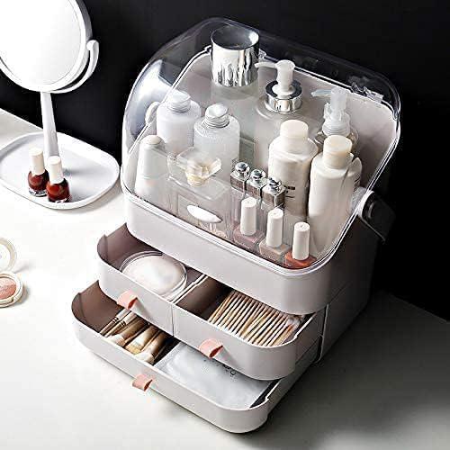 LINFIDITE Cosmetic Storage Box with Lid Makeup Organizer Box with Dust Free Cover Portable Handle,Large Makeup Display Case with Drawers Fully Open Lid,Great for Dresser Bathroom Countertop - ModernBath