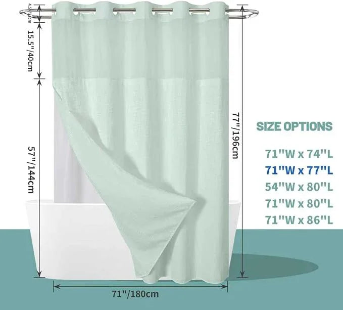 eachope MintGreen No Hook Waffle Weave Shower Curtain with snap-in Liner Replacement, 230GSM Waterproof Fabric Hotel Shower Curtain Set for Bathroom, Through Mesh Top Window,71Wx77H - ModernBath