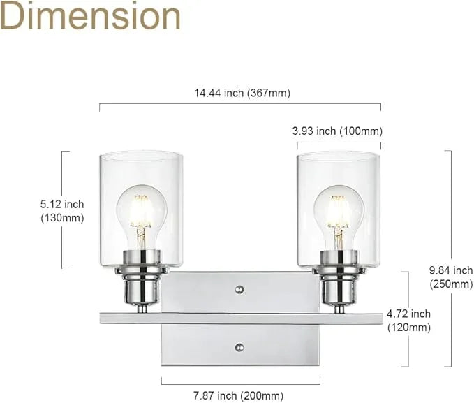 VINLUZ Bathroom Light Fixtures in Chrome Finish,2 Light Industrial Indoor Wall Sconce with Clear Glass Shade Metal Vanity Lighting Over Mirror Bulb Not Included - ModernBath