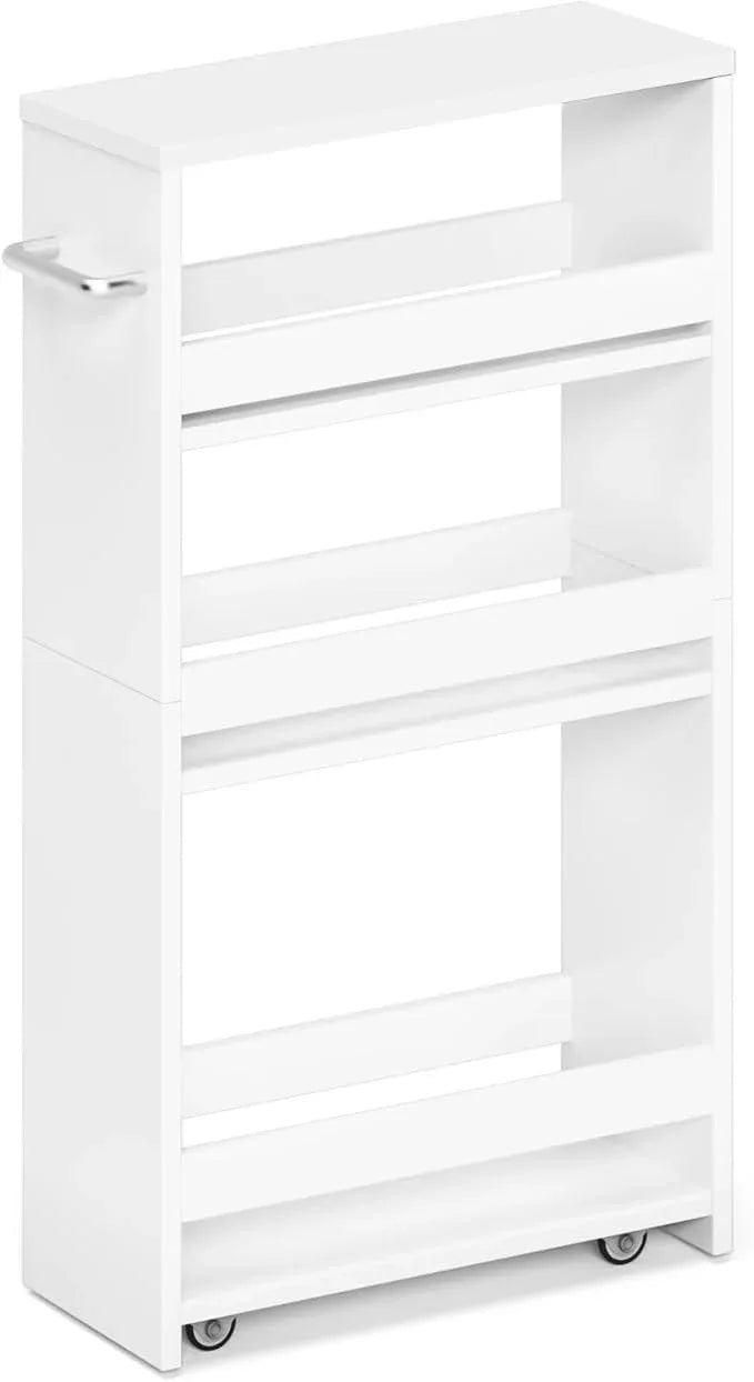 MARTY White Slim Storage Cart with Wheels, 4 Tier Rolling Utility Cart with Handle Slide Out Shelving Unit Organizer Trolley for Laundry Kitchen Bathroom Narrow Places Small Corner - ModernBath