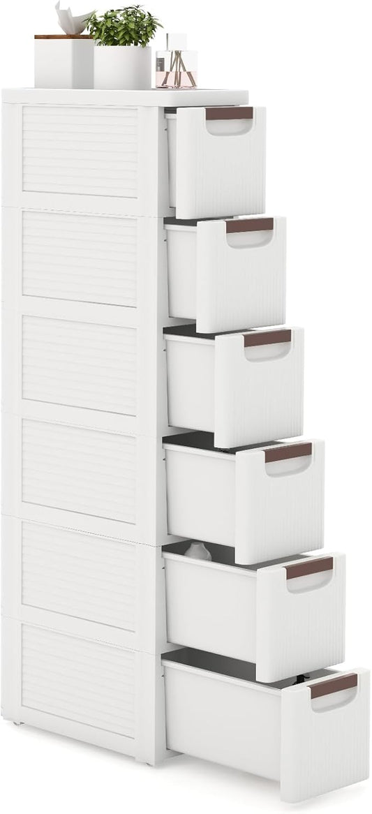 LOKO 6-Drawer Narrow Storage Cabinet, Slim Rolling Cart, Mobile Plastic Cart Container with Pull Handles, Built-in Wheels, for Living Room, Kitchen, Bathroom, Office (7.5"x16.5"x43" (6 Drawer))