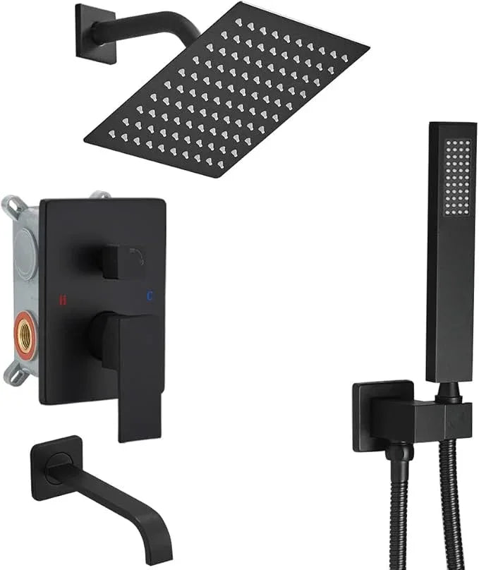 Heable Matte Black Shower Faucet Set with Tub Spout Bathroom Rainfall 8 Inch Shower Head System with Handheld Single Handle Shower Trim Kit with Rough-in Valve - ModernBath